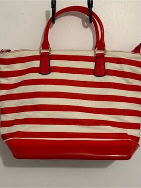Handbag Republic - Red and white Striped Women’s Tote Bag with Glossy Red Trim